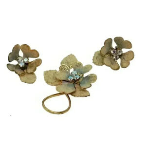 Vintage Antique Brooch Clip Earrings Flower Germany Sugar Coated